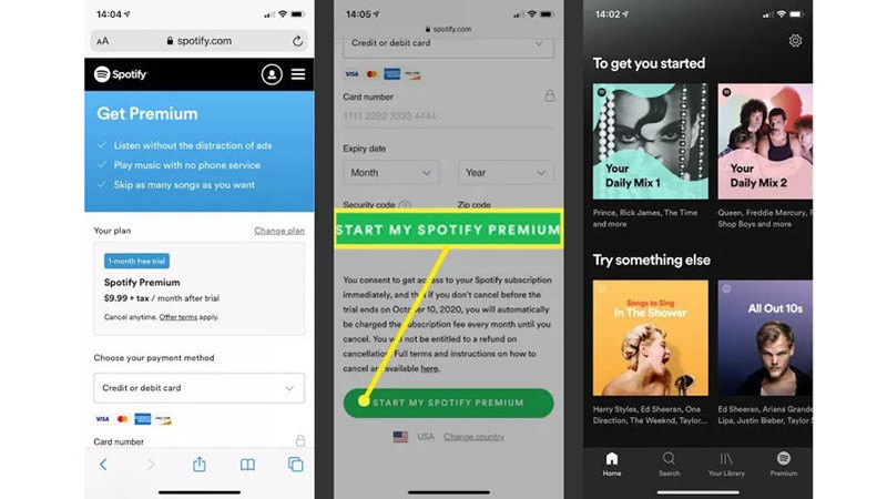 Giao diện chọn gói tài khoản Spotify Premium phù hợp để nâng cấp