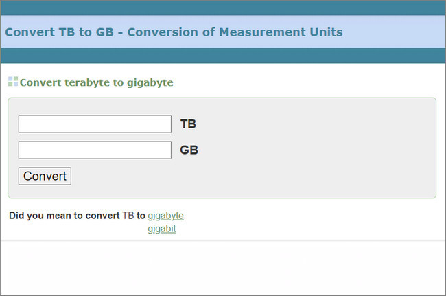 Giao diện công cụ chuyển đổi đơn vị trực tuyến ConvertUnits.com, hỗ trợ đổi Terabyte sang các đơn vị khác