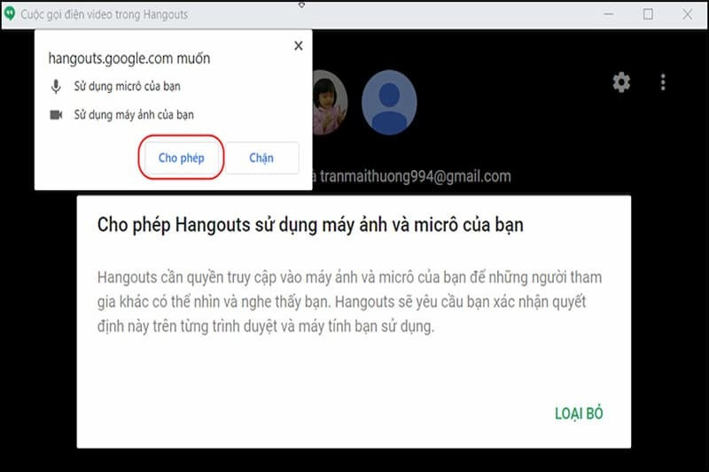 Giao diện cuộc gọi video đang hoạt động trên Google Hangouts máy tính, hiển thị hình ảnh người tham gia