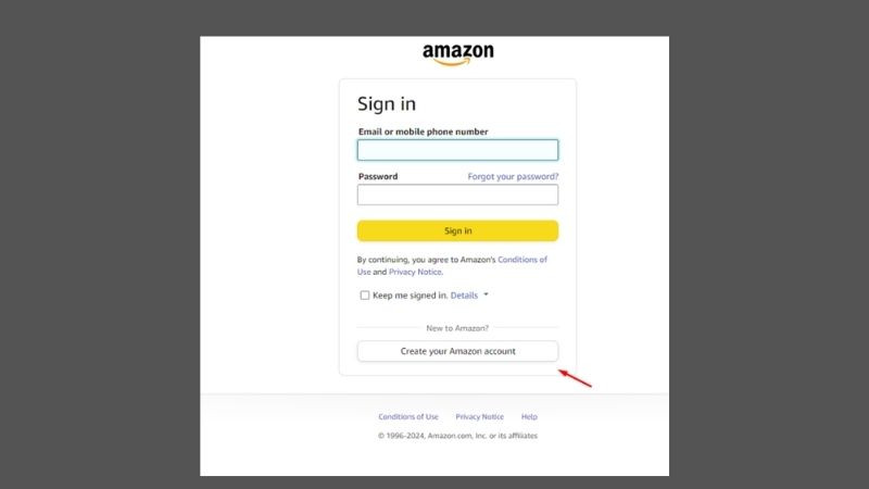 Giao diện đăng nhập hoặc tạo tài khoản Amazon, bước cần thiết trước khi tiếp tục đăng ký gói hội viên Prime