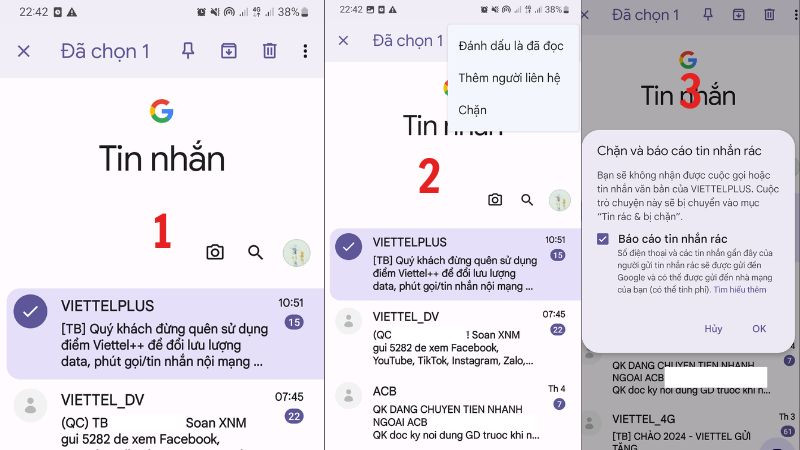 Giao diện điện thoại minh họa cách chặn tin nhắn SMS spam