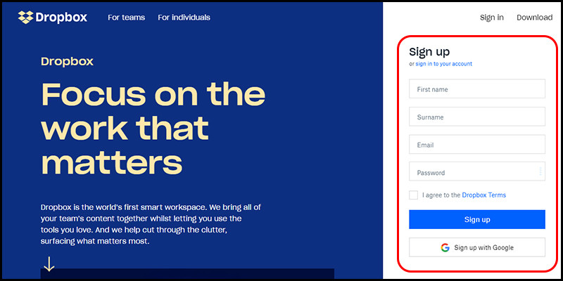 Giao diện điền thông tin để đăng ký tài khoản Dropbox mới
