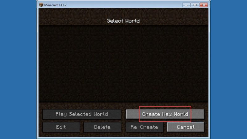 Giao diện game với lựa chọn &quot;Create New World&quot; để tạo thế giới mới khi sử dụng Hamachi