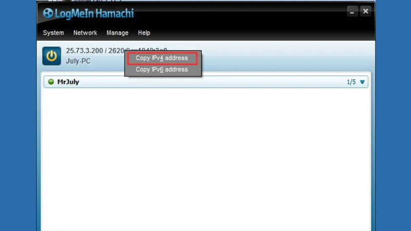 Giao diện Hamachi hiển thị địa chỉ IPv4 của mạng ảo, sẵn sàng để sao chép