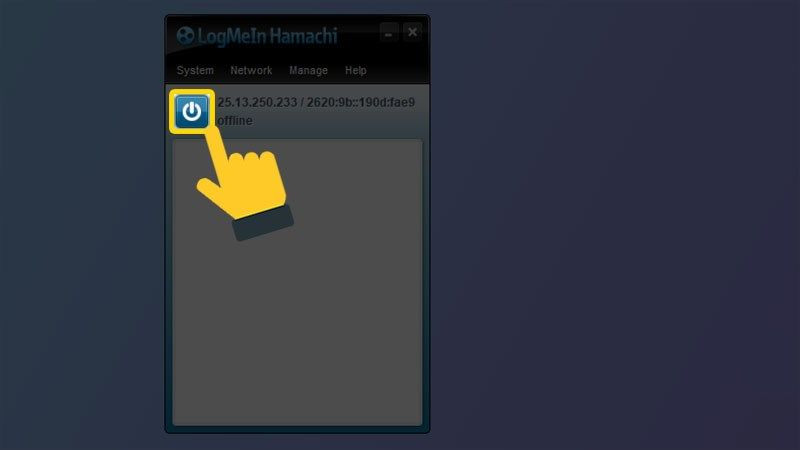 Giao diện Hamachi với biểu tượng nút nguồn (Power) được khoanh vùng
