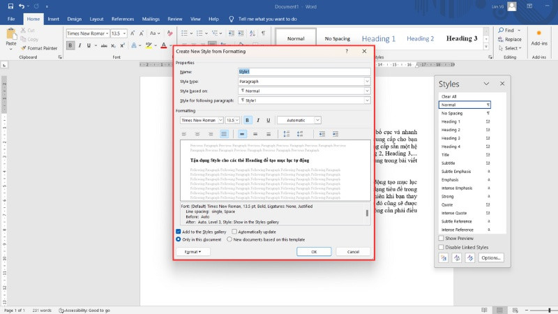 Giao diện hộp thoại tùy chỉnh Style trong Word với các thuộc tính cài đặt chi tiết