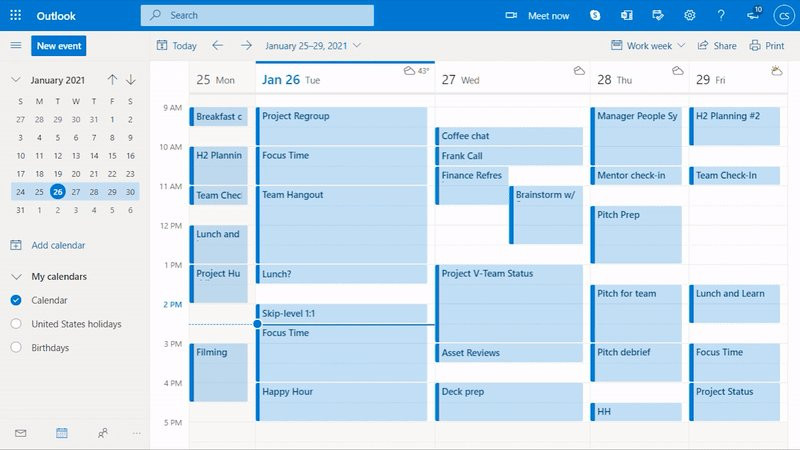 Giao diện Lịch làm việc (Calendar) trong Microsoft Outlook
