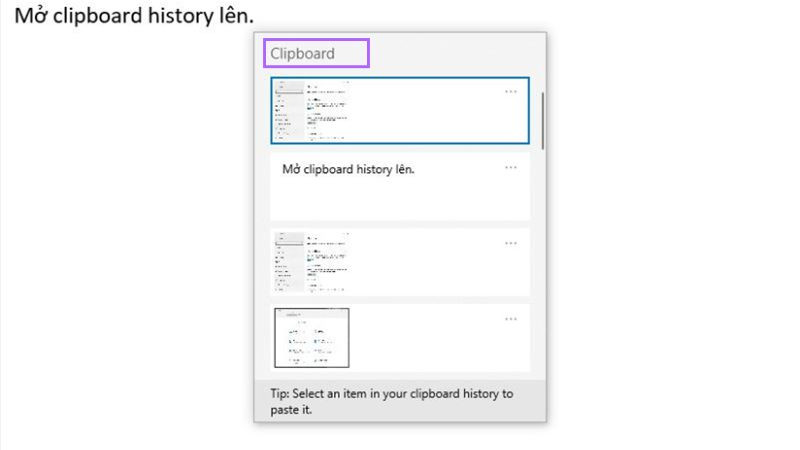 Giao diện Lịch sử Clipboard trên Windows hiển thị các mục đã sao chép