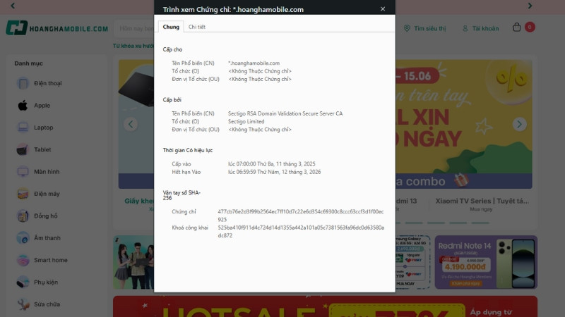 Giao diện một công cụ kiểm tra chứng chỉ SSL trực tuyến hiển thị kết quả phân tích