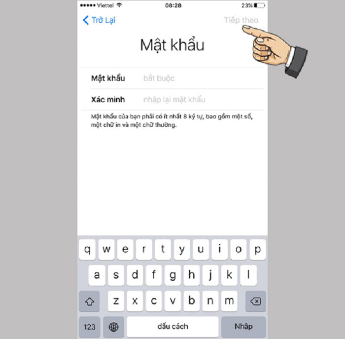 Giao diện nhập và xác nhận mật khẩu mạnh khi đăng ký tài khoản iCloud
