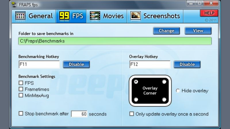 Giao diện phần mềm Fraps hiển thị tùy chọn đo FPS và quay video màn hình