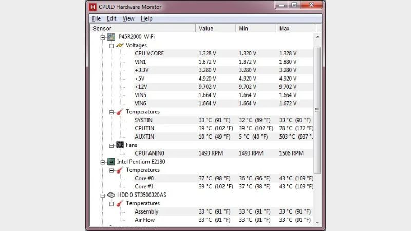 Giao diện phần mềm HWMonitor hiển thị chi tiết nhiệt độ, tốc độ quạt và thông số các thành phần phần cứng