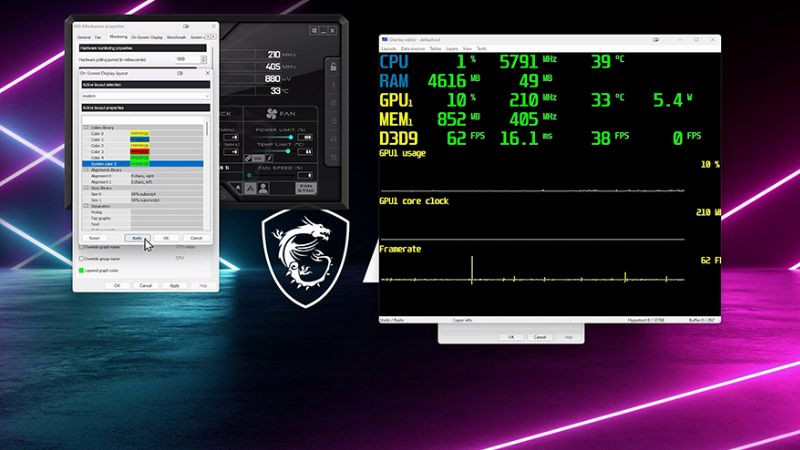 Giao diện phần mềm MSI Afterburner hiển thị tùy chọn điều chỉnh và giám sát hiệu suất GPU