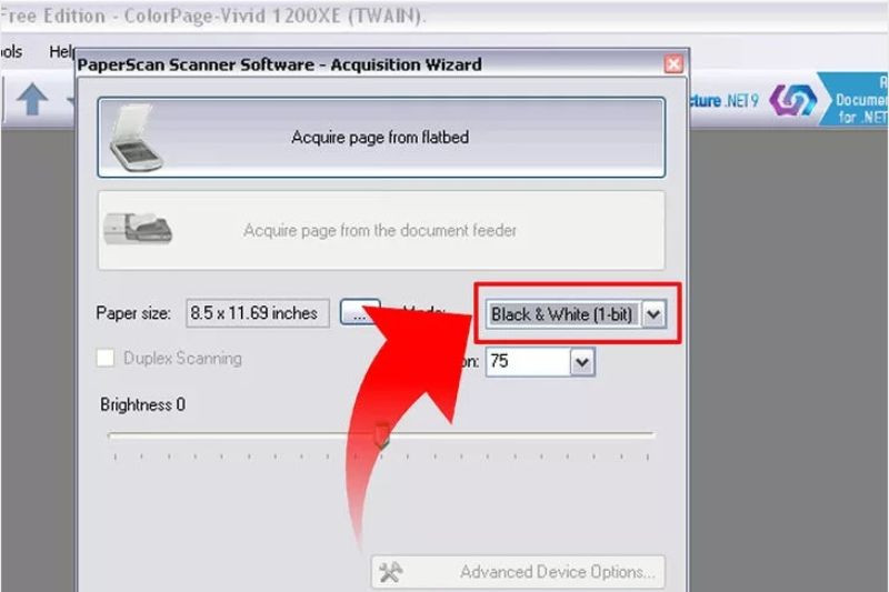 Giao diện phần mềm Scan với các tùy chọn cài đặt màu sắc và kích thước bản quét