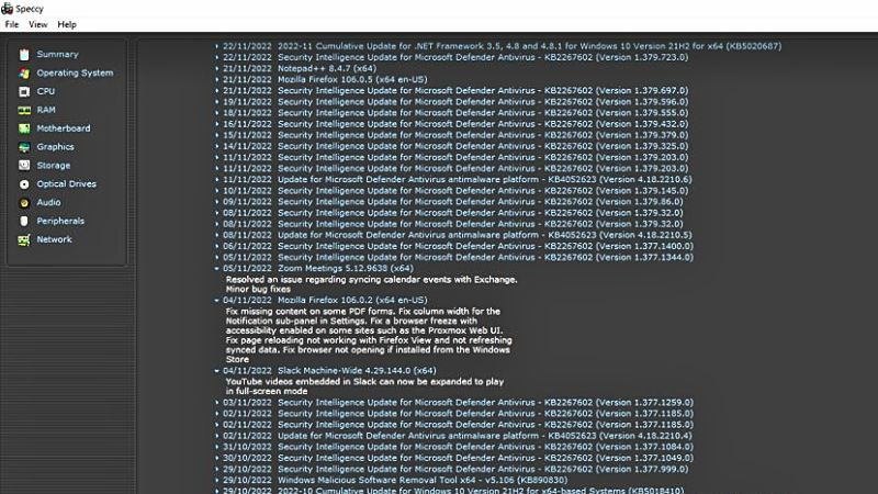 Giao diện phần mềm Speccy hiển thị tổng quan thông tin và nhiệt độ các thành phần phần cứng