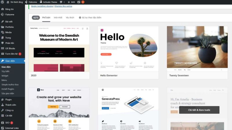 Giao diện quản trị WordPress với mục Giao diện (Appearance) và Themes