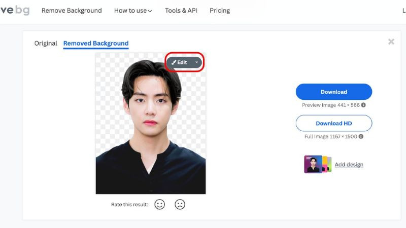 Giao diện Remove.bg hiển thị ảnh đã tách nền và nút &quot;Edit&quot; để tiến hành ghép ảnh nền trắng hoặc xanh