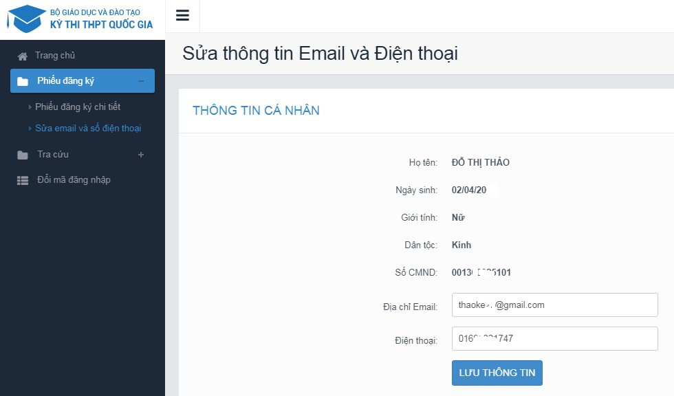 Giao diện sửa thông tin liên lạc trên hệ thống đăng ký thi THPT Quốc gia, cho phép thí sinh nhập địa chỉ email và số điện thoại mới