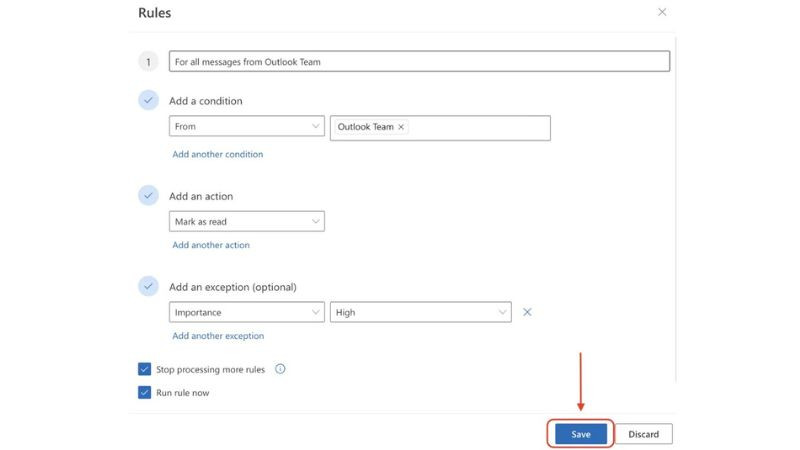 Giao diện tạo và chỉnh sửa quy tắc tự động sắp xếp email trong Outlook