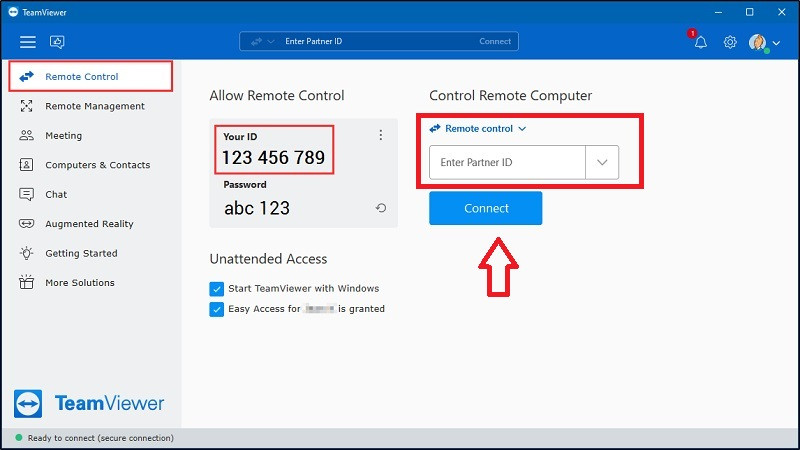 Giao diện TeamViewer hiển thị ô nhập ID và mật khẩu để điều khiển từ xa