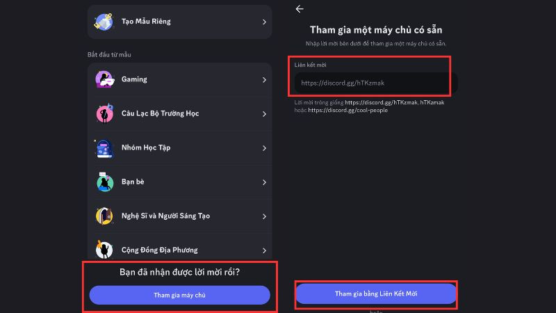 Giao diện tham gia server Discord bằng liên kết mời