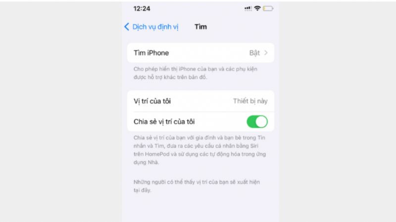 Giao diện tính năng chia sẻ vị trí hiện tại qua tin nhắn hoặc ứng dụng khác, làm cho việc gặp gỡ bạn bè dễ dàng hơn nhờ Location Services