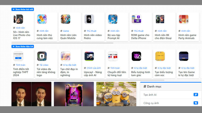 Giao diện trang web taoanhdep.com chuyên tạo ảnh online