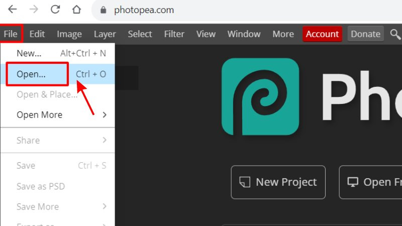 Giao diện trình chỉnh sửa ảnh trực tuyến Photopea