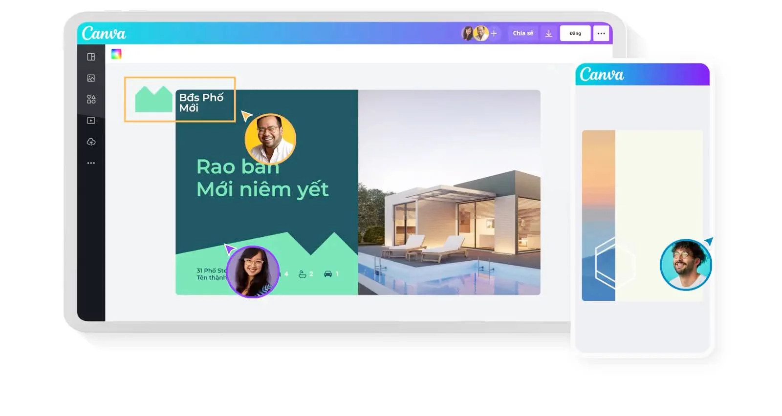 Giao diện trình chỉnh sửa của Canva trên máy tính với thanh công cụ bên trái (Thành phần, Nội dung, Văn bản...)