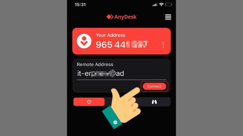 Giao diện ứng dụng AnyDesk trên điện thoại, nơi nhập địa chỉ ID máy tính cần kết nối từ xa.
