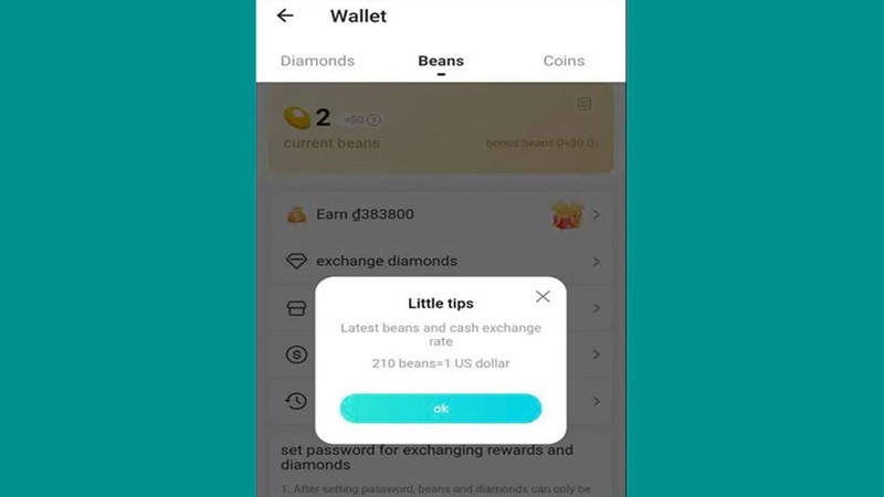 Giao diện ví tiền ảo (Đậu) và cách đổi tiền trên Bigo Live