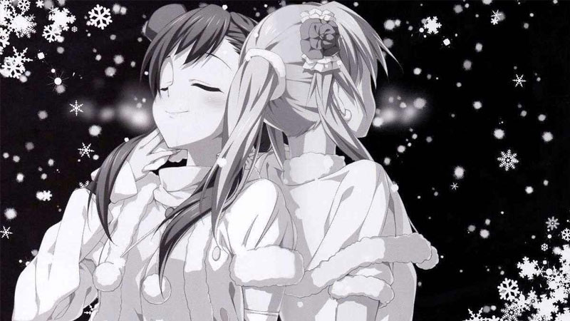 Hai nhân vật anime trắng đen cầm tay nhau