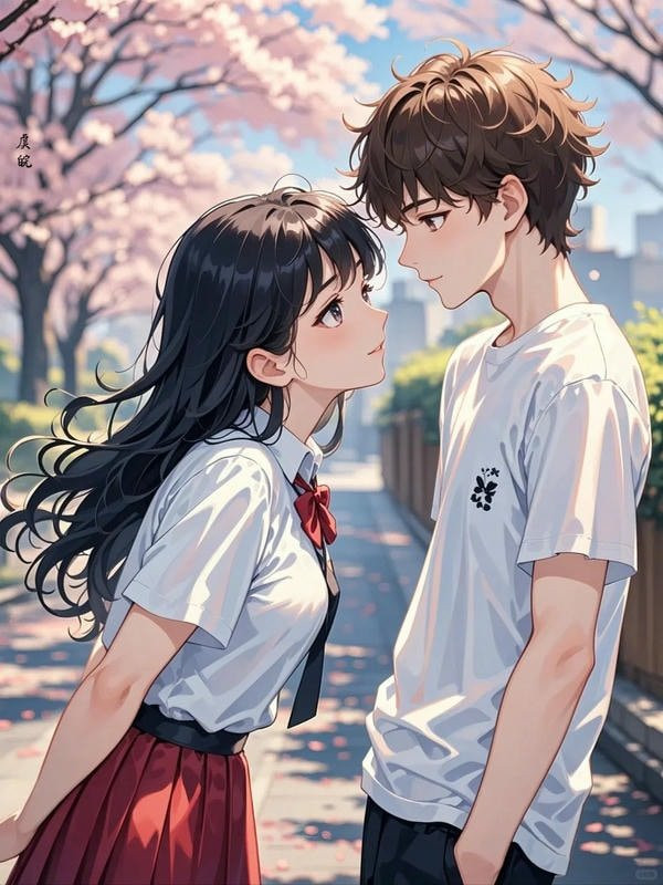 Hai nhân vật anime trao nhau ánh nhìn trìu mến, cận cảnh