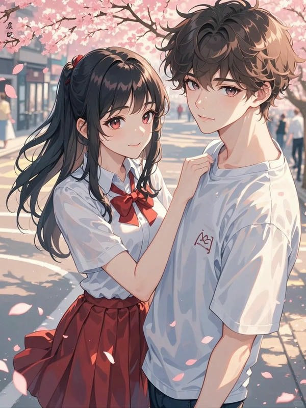 Hai nhân vật anime trao nhau món quà