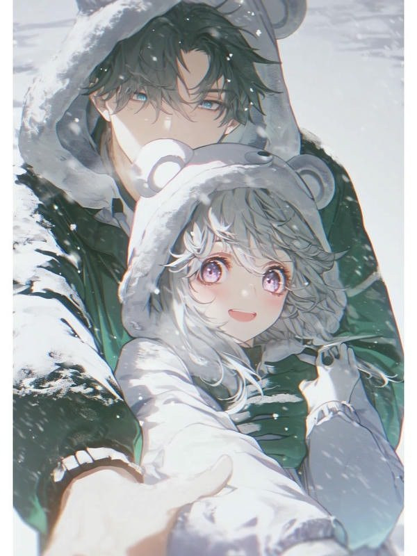 Hai nhân vật anime tựa đầu vào nhau, biểu cảm hạnh phúc