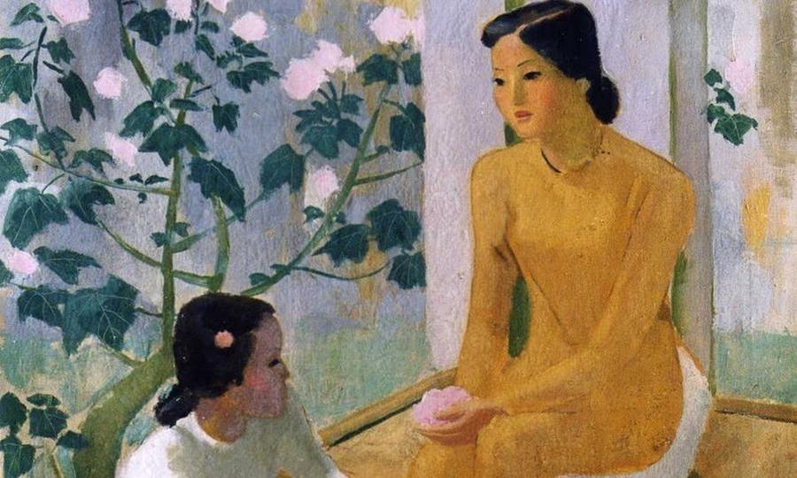 Tác phẩm "Hai Thiếu Nữ Và Em Bé" thể hiện cảnh sinh hoạt nông thôn trong tranh Tô Ngọc Vân