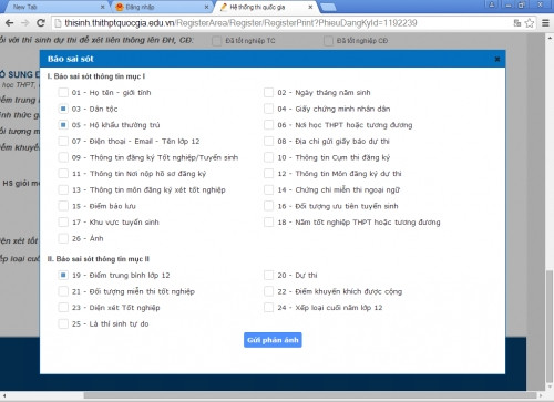 Hệ thống đăng ký thi THPT Quốc gia hiển thị màn hình báo cáo sai sót thông tin, sẵn sàng cho thí sinh nhập nội dung cần điều chỉnh
