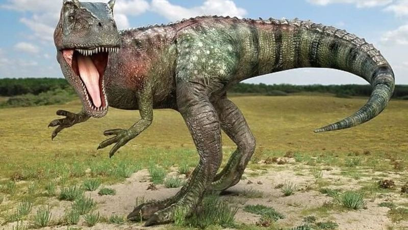 Hình ảnh Allosaurus đang di chuyển trên địa hình cổ đại