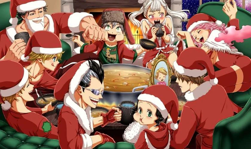 Hình ảnh anime chibi dễ thương ăn tiệc Giáng sinh