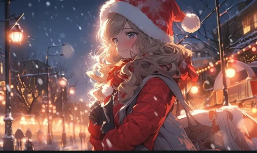 Hình ảnh anime chibi nữ dưới ánh đèn Giáng sinh lấp lánh