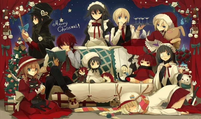 Hình ảnh anime chibi nữ sum vầy bên gia đình ngày Giáng sinh