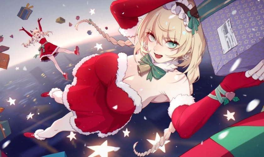 Hình ảnh anime chibi nữ xinh xắn bên cây thông Giáng sinh