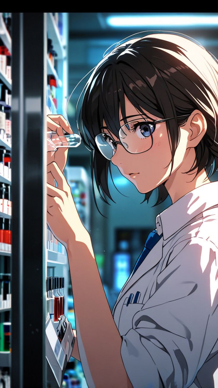 Hình ảnh anime đeo kính trong phòng thí nghiệm hóa học