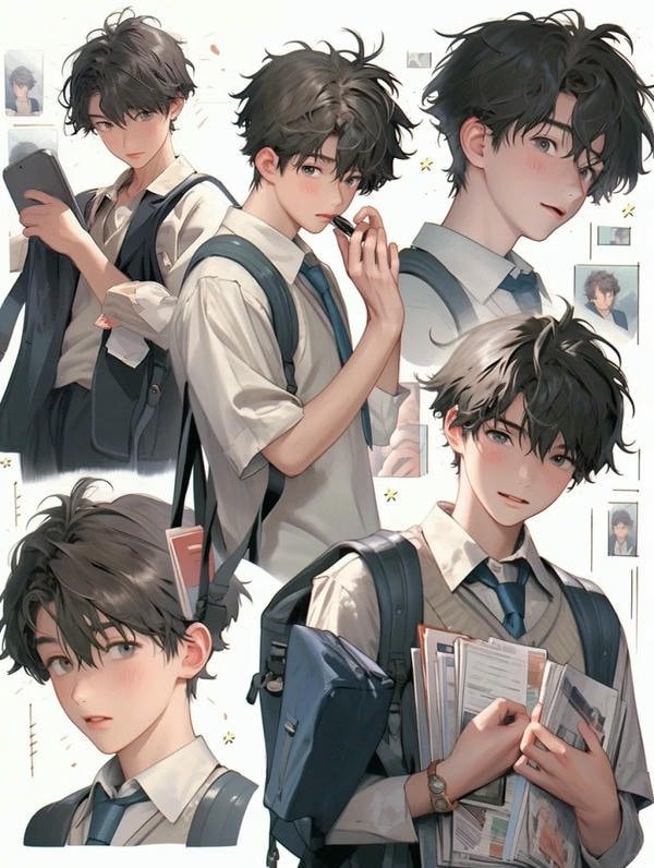 Hình ảnh anime học sinh nam đứng cạnh cửa sổ, tay cầm sách