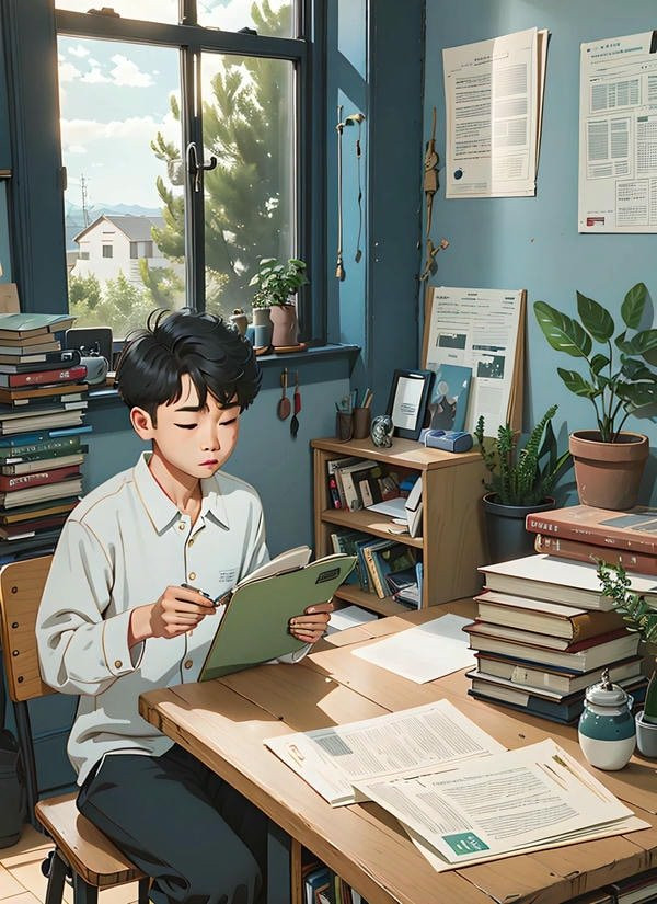 Hình ảnh anime học sinh nam đứng dưới tán cây, ánh nắng chiếu qua