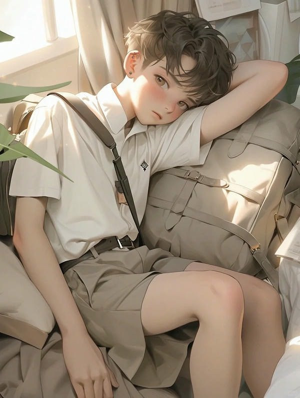 Hình ảnh anime học sinh nam mặc áo khoác đồng phục, tay giữ cặp