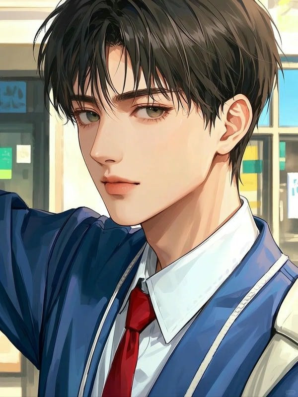 Hình ảnh anime học sinh nam với mái tóc đen và ánh mắt sâu sắc