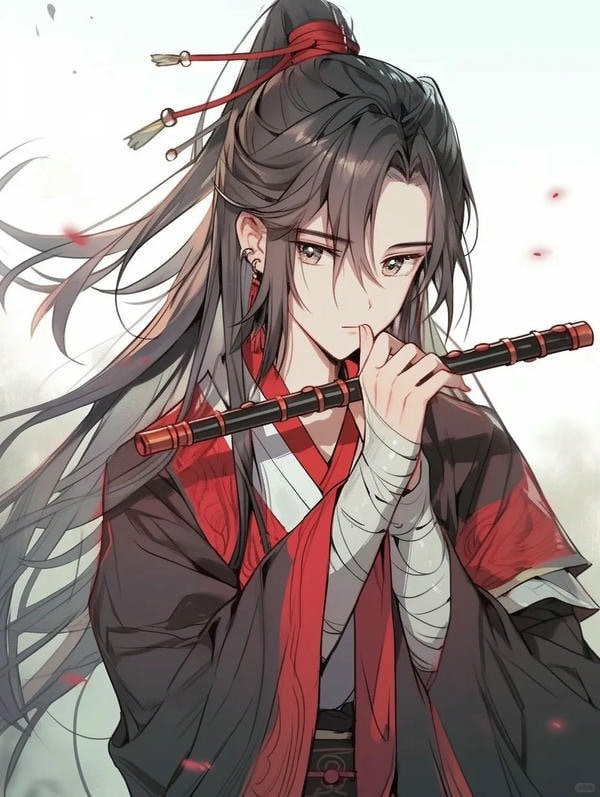 Hình ảnh anime nam cổ trang trong rừng phong lá đỏ