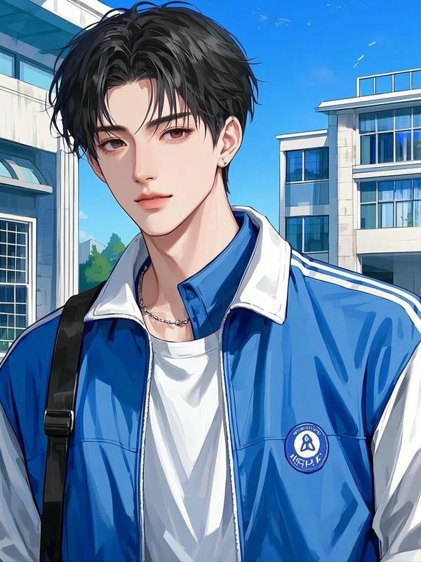 Hình ảnh anime nam học sinh với mái tóc bồng bềnh và vẻ mặt suy tư