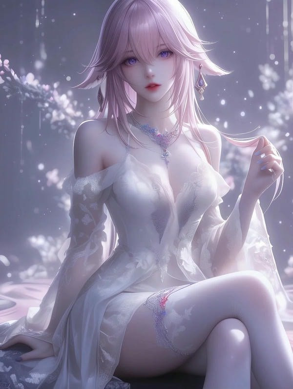 Hình ảnh anime nữ tóc đỏ rực rỡ trong tư thế quyến rũ